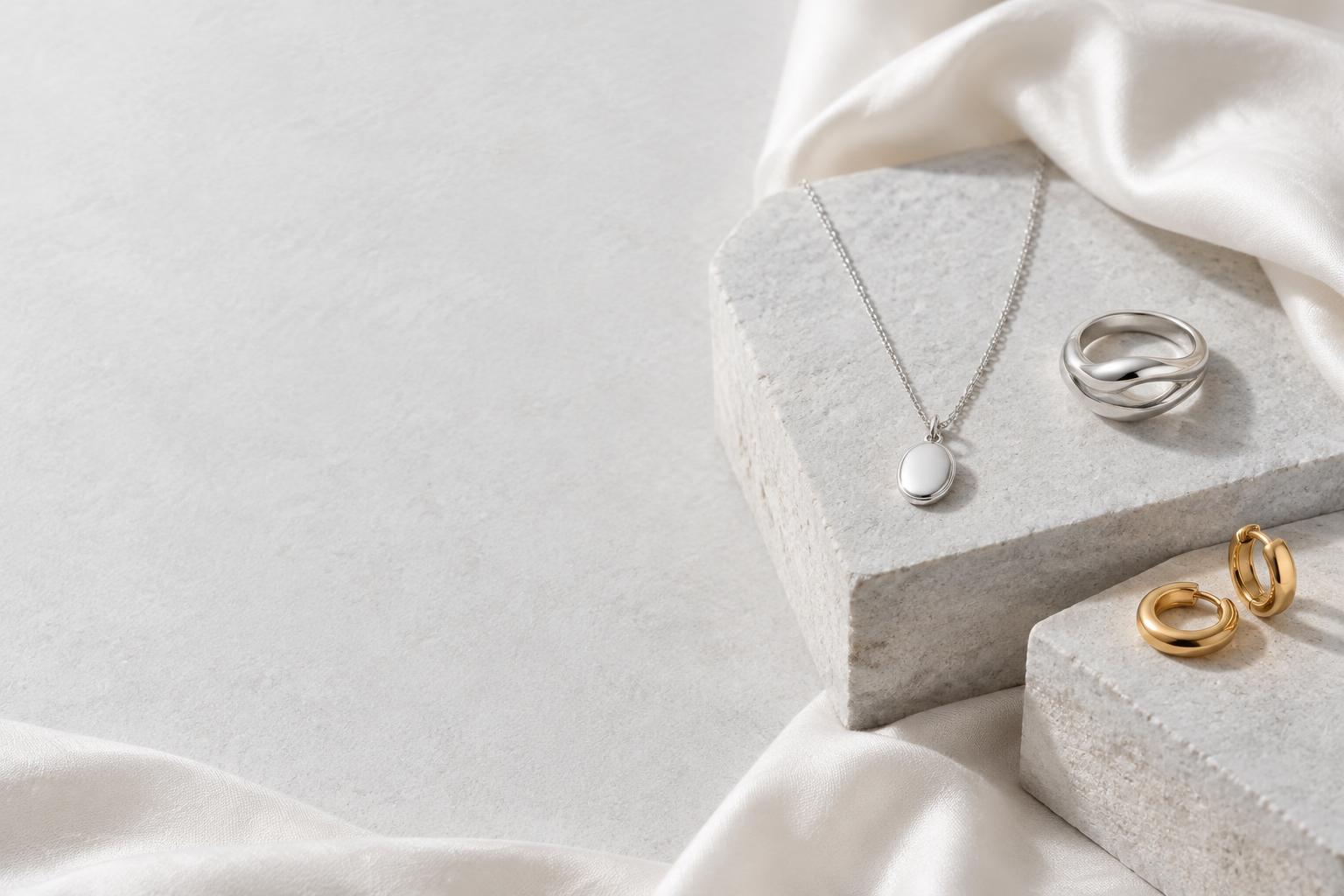 Silver necklace and sculptural ring with gold hoops on pale stone